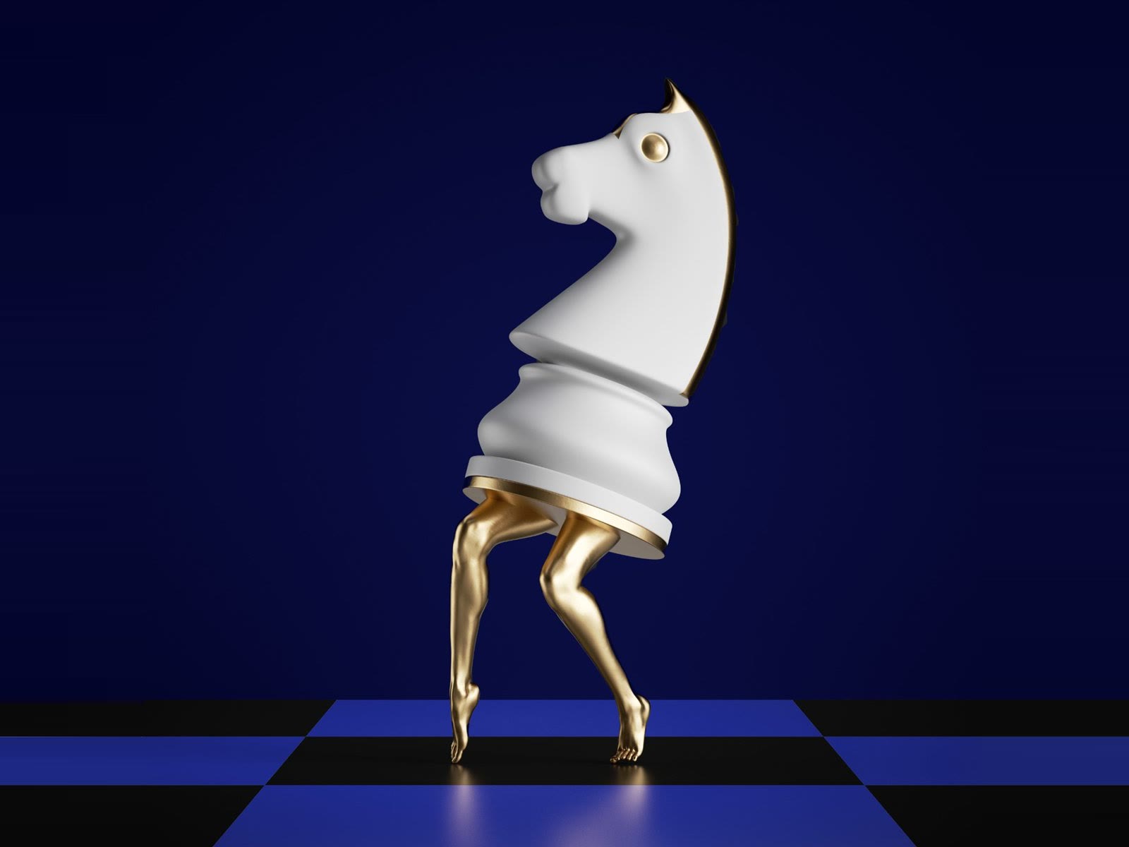 A white chess knight with golden legs on a blue chessboard