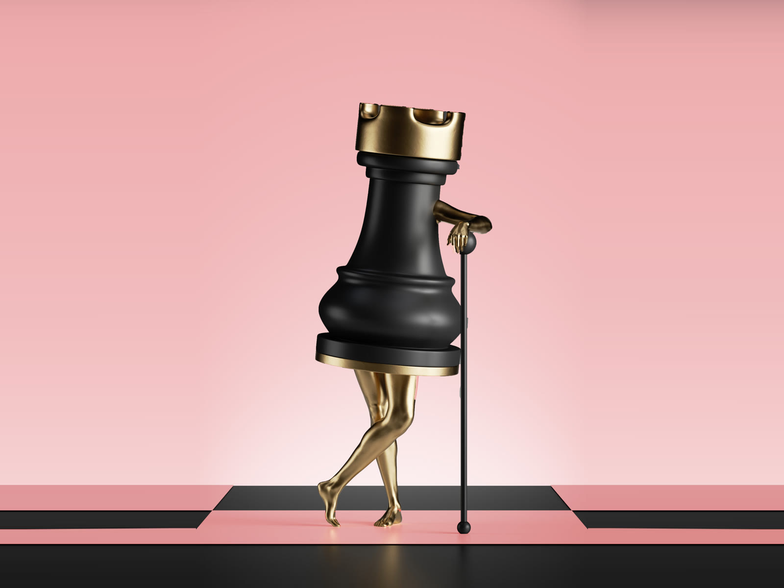 A black chess rook with golden legs leaning on a cane, on a pink chessboard